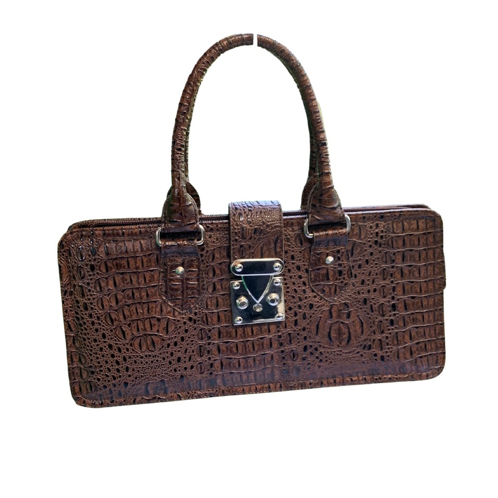 Vintage Diva Collection Croc Embossed Brown Faux Baguette Hand Bag